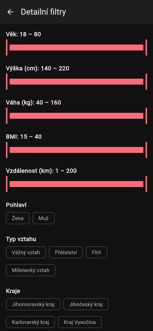 Obrazovka detailních filtrů s posuvníky pro věk, výšku, váhu, BMI a vzdálenost a s výběrem pohlaví, typu vztahu a krajů.