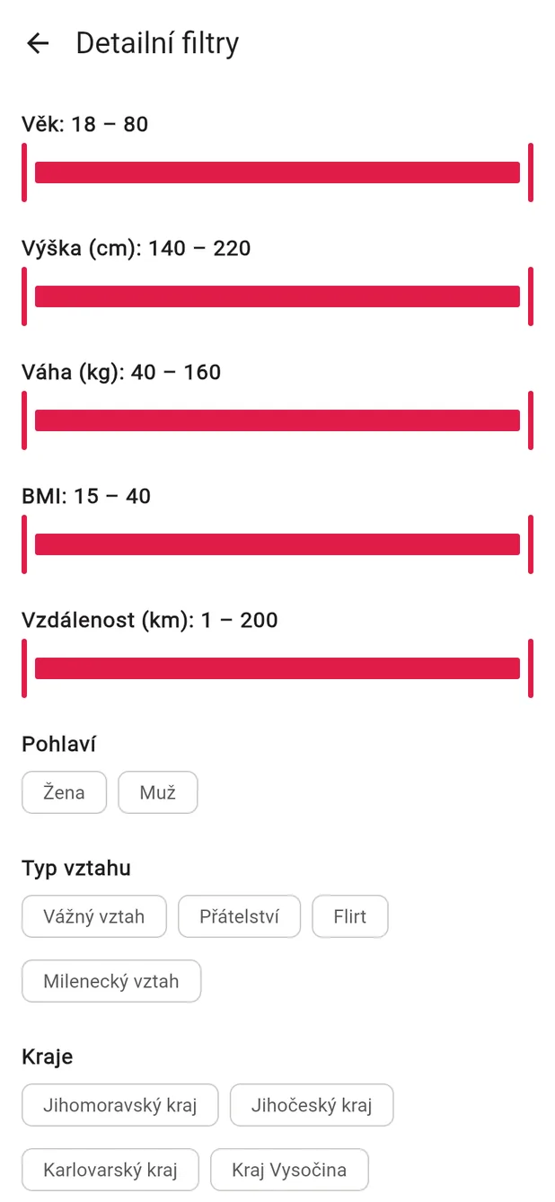 Obrazovka detailních filtrů s posuvníky pro věk, výšku, váhu, BMI a vzdálenost a s výběrem pohlaví, typu vztahu a krajů.