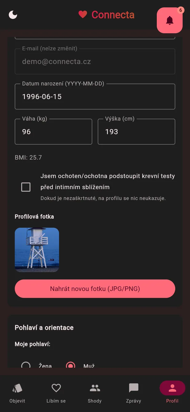 Úprava profilu s volbou, zda je uživatel ochotný podstoupit krevní testy před intimním sblížením.