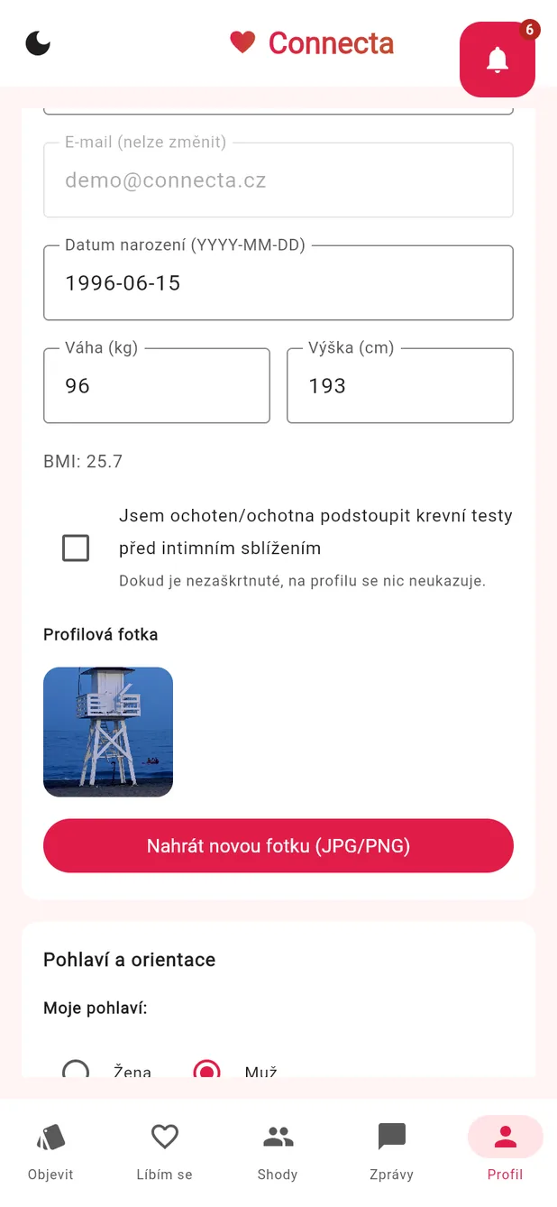 Úprava profilu s volbou, zda je uživatel ochotný podstoupit krevní testy před intimním sblížením.