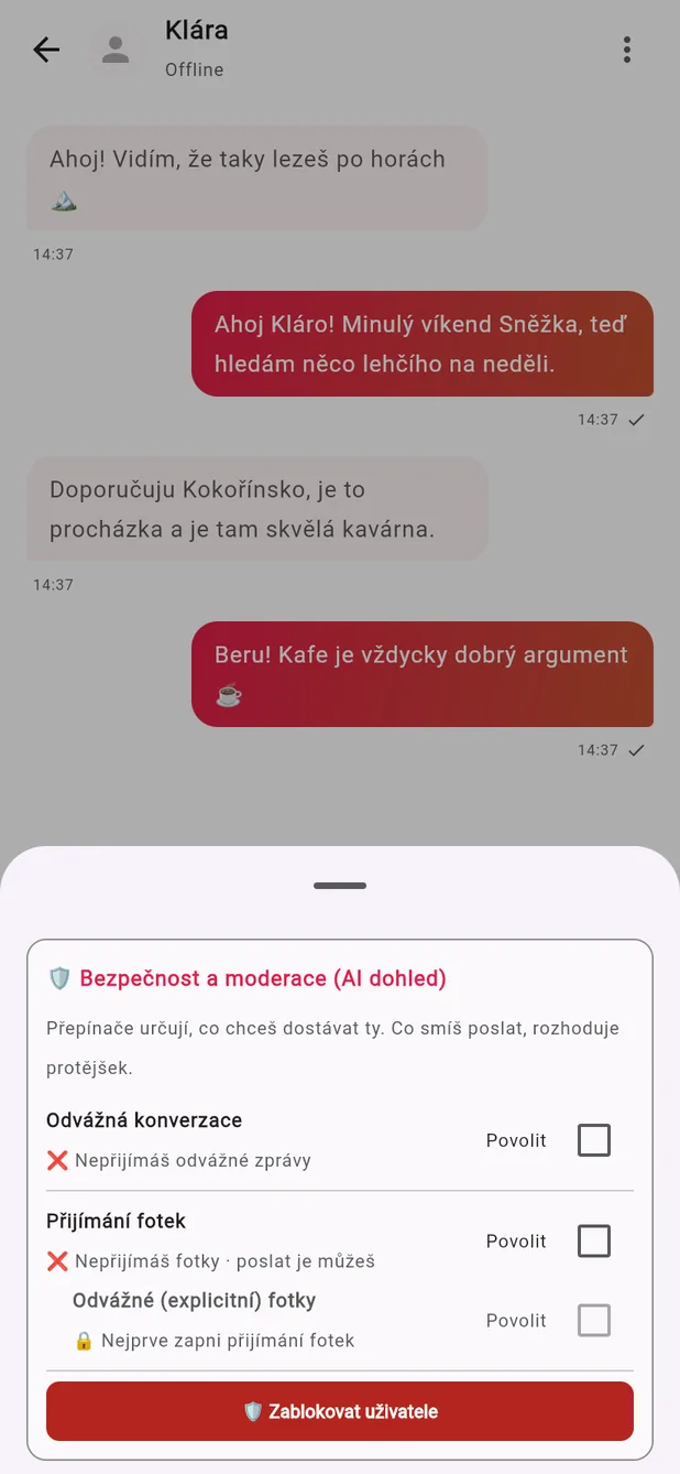 Nastavení souhlasu v konverzaci: přepínače pro odvážné zprávy, přijímání fotek a explicitní fotky, všechny vypnuté, s popisem že o obsahu rozhoduje příjemce.